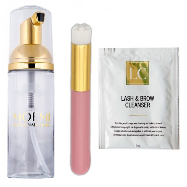 Szampon Lc w Saszetce 3ml + Butelka Pianotwórcza Gold Moemi 50ml + Różowy Pędzel Do Oczyszczania Rzęs Moemi