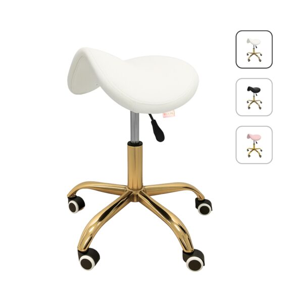 Biały taboret dla stylistki rzęs – ergonomiczne krzesło siodło Moemi