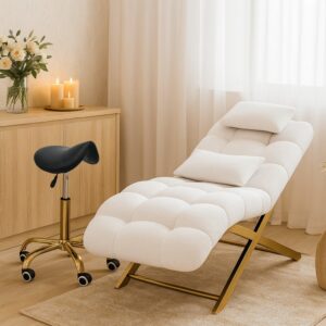 Biały taboret dla stylistki rzęs – ergonomiczne krzesło siodło Moemi