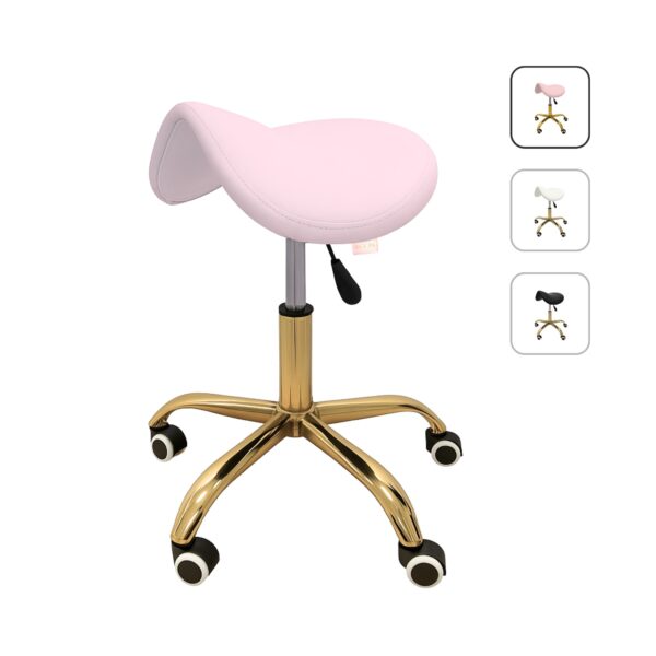 Biały taboret dla stylistki rzęs – ergonomiczne krzesło siodło Moemi