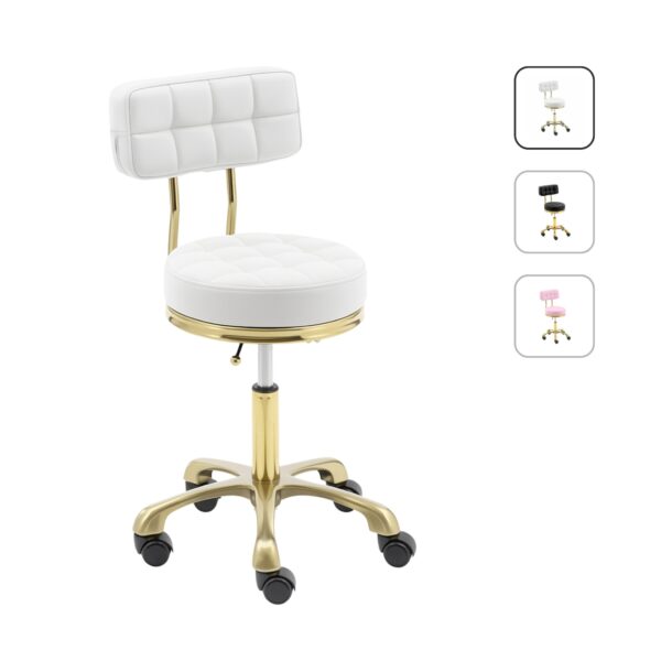 Biały taboret dla stylistki rzęs – ergonomiczne krzesło siodło Moemi