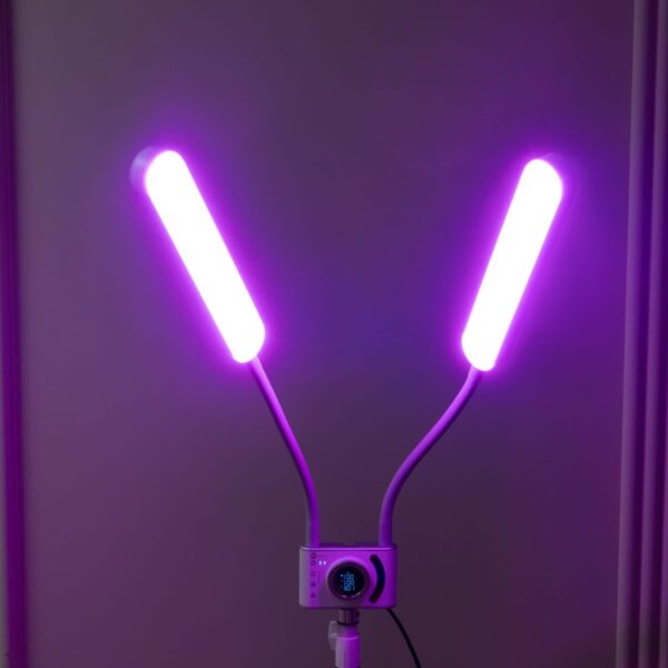 Lampa LED RGB Icoucou Duo Studio Color – dwuramienna, statyw, aplikacja, uchwyt na telefon