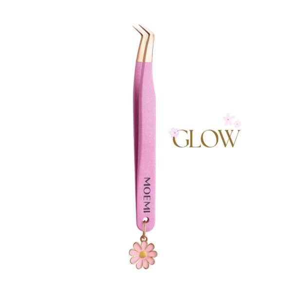 Slim Swan GLOW Moemi – różowa brokatowa pęseta do rzęs 75° z zawieszką