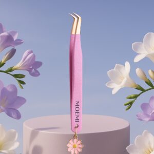 Slim Swan GLOW Moemi – różowa brokatowa pęseta do rzęs 75° z zawieszką