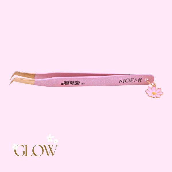Slim Swan GLOW Moemi – różowa brokatowa pęseta do rzęs 75° z zawieszką