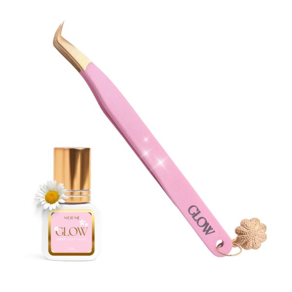 Slim Swan GLOW Moemi – różowa brokatowa pęseta do rzęs 75° z zawieszką