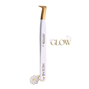Swan GLOW Moemi – Biała pęseta kopytko do rzęs 90° z zawieszką