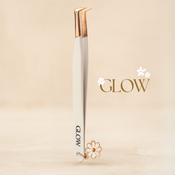 Swan GLOW Moemi – Biała pęseta kopytko do rzęs 90° z zawieszką