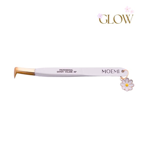 Swan GLOW Moemi – Biała pęseta kopytko do rzęs 90° z zawieszką