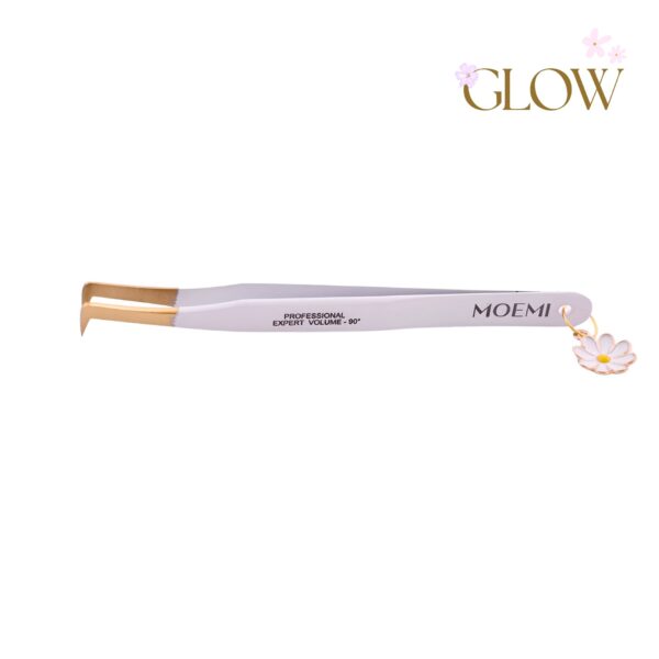 Swan GLOW Moemi – Biała pęseta kopytko do rzęs 90° z zawieszką