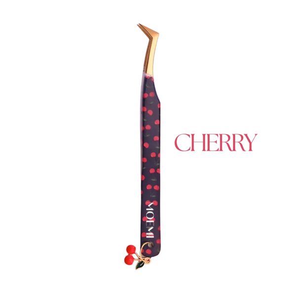 Cherry Moemi – Czarna pęseta Szpadla typu L do rzęs z wzorem wiśni i zawieszką