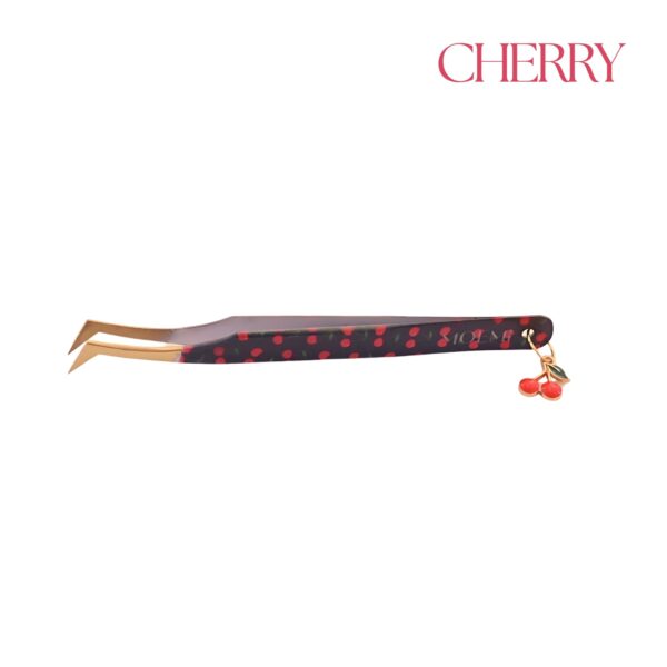 Cherry Moemi – Czarna pęseta Szpadla typu L do rzęs z wzorem wiśni i zawieszką