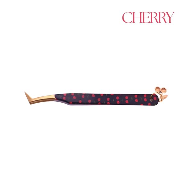 Cherry Moemi – Czarna pęseta Szpadla typu L do rzęs z wzorem wiśni i zawieszką