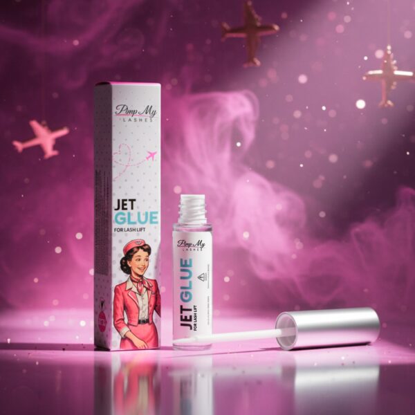 Detal opakowania JET GLUE Pimp My Lashes, wydajny klej do liftingu rzęs dla stylistek.